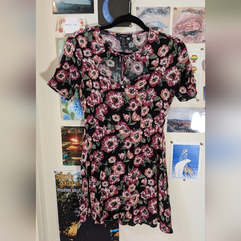 Forever 21 Black and Pink Floral Print Sundress